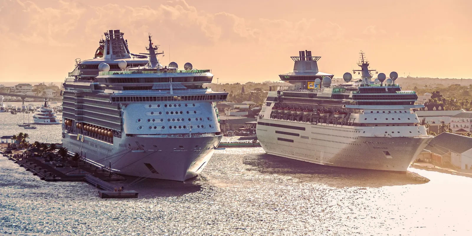 Nassau Cruise Port, built for high-volume single-day passenger traffic Cruise ships docked in Nassau, The Bahamas