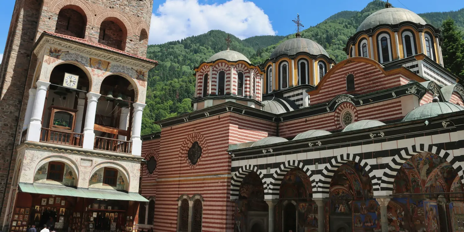 Rila Monastery sits in a mountain valley about two hours south of Sofia The striped arcades and courtyard of Rila Monastery in the mountains