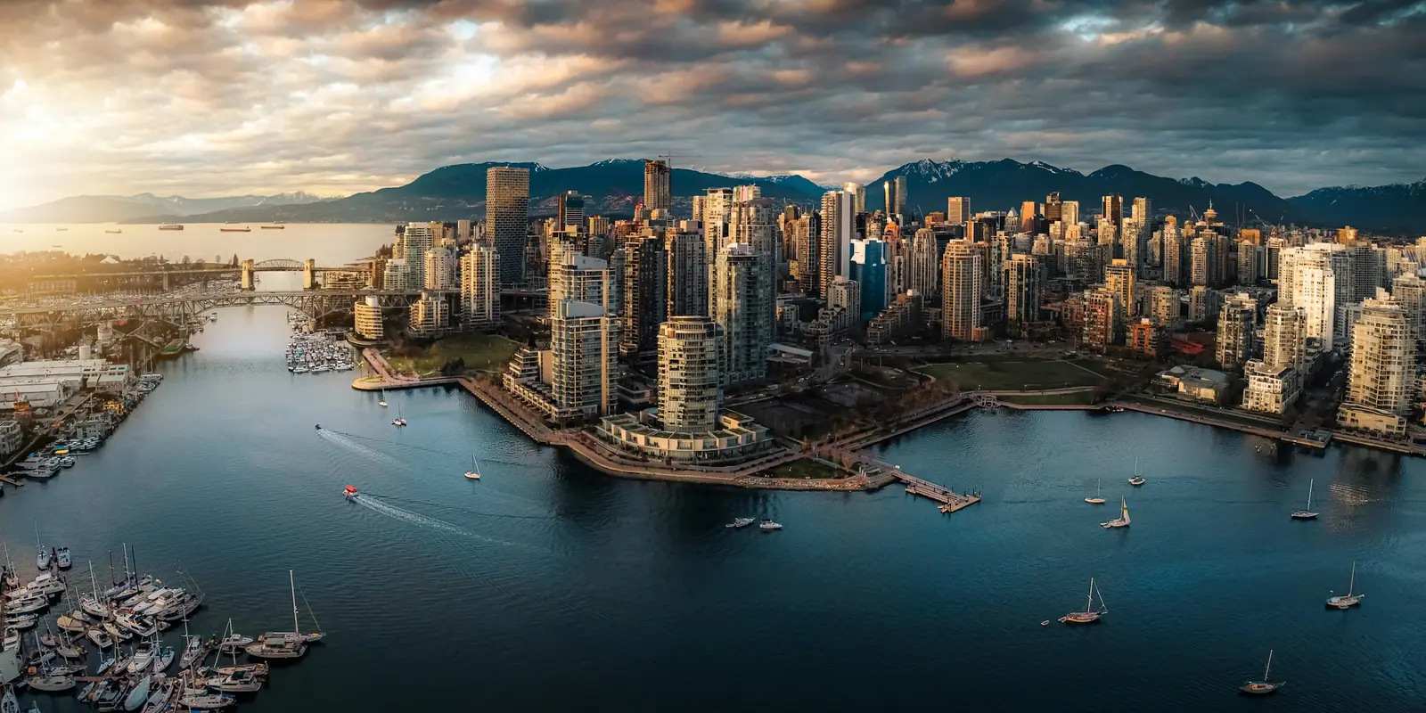 Vancouver skyline and harbour at golden hour