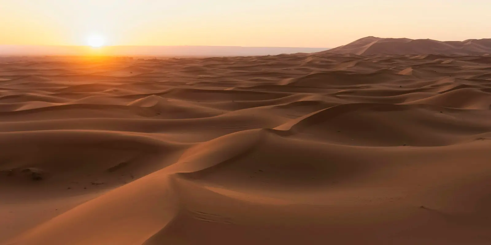 Dunes de sable doré au coucher du soleil près de Merzouga, Maroc