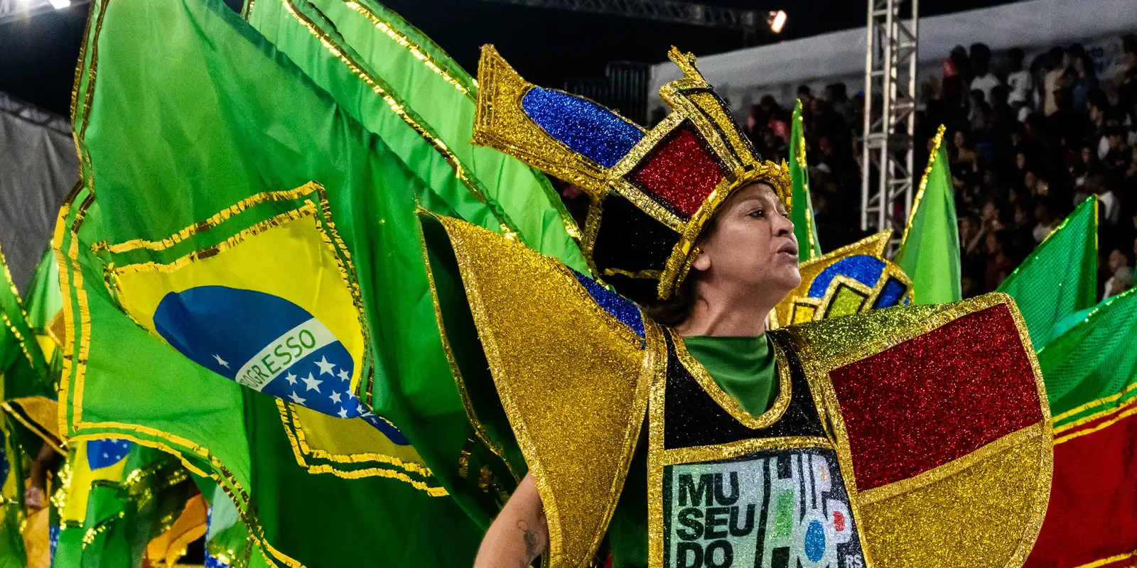 A carnival costume in Brazil's signature parade colors — samba schools across the country compete in the same spectacle Rio's Sambadrome is famous for
