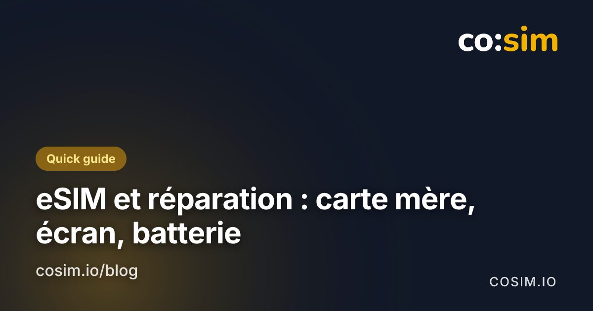 Arbre de décision pour gérer une eSIM avant une réparation, en séparant les interventions sur carte mère des réparations d'écran et de batterie