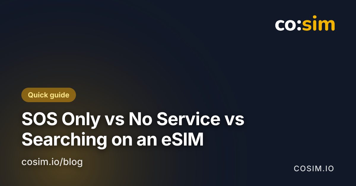 Step card comparing the SOS only, No Service and Searching status bar states with the first thing to check for each