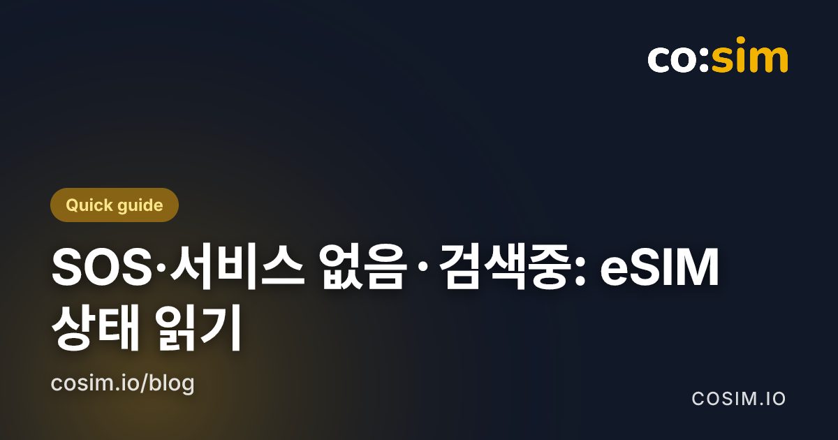 도해 카드: SOS 전용, 서비스 없음, 검색 중 세 가지 상태 표시와 각각 먼저 확인할 항목