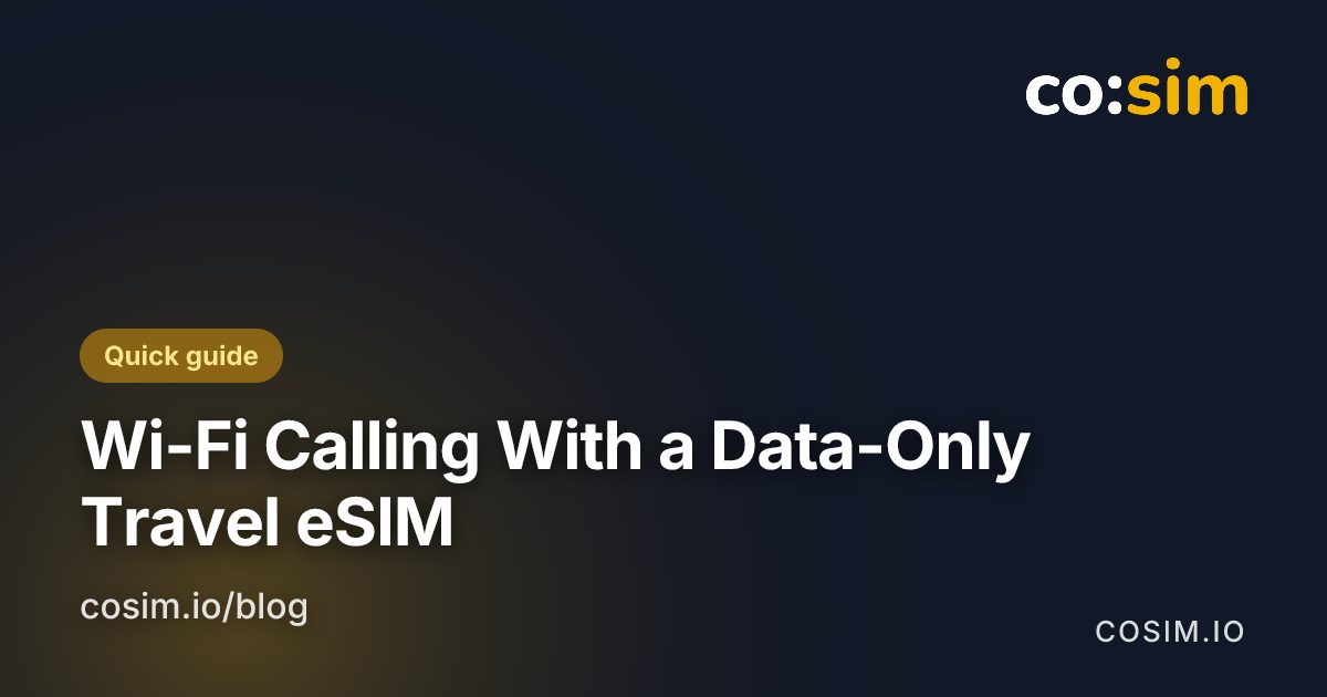 Wi-Fi Calling setup path on iPhone and Android alongside a data-only travel eSIM as the data line